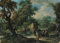 A wooded river landscape with the Flight into Egypt - Jan Frans van Orizzonte (see Bloemen)