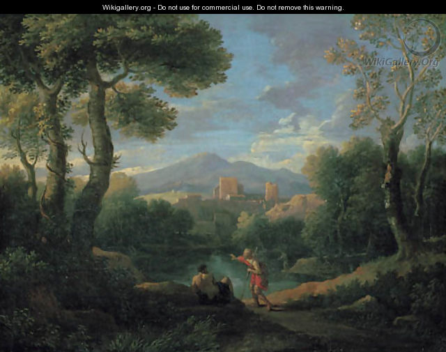 A classical landscape with two shepherds by a lake, a village beyond - Jan Frans van Orizzonte (see Bloemen)