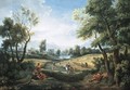 An extensive river landscape with peasants during the harvest, a lakeside town beyond - Jan Frans van Orizzonte (see Bloemen)