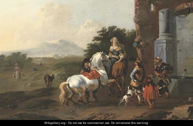 Riders resting by a fountain with a mendicant and dogs, figures on a path and mountains beyond - Jan Frans Soolmaker