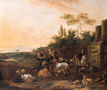 Cowherds and shepherds with cattle by classical ruins in an Italianate landscape - Jan Frans Soolmaker