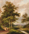 A wooded river landscape with travellers - Jan Evert Morel