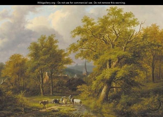 A wooded landscape with a herdsman with flock - Jan Evert Morel