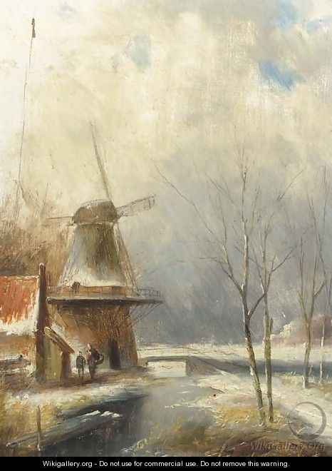 A winter landscape with peasants conversing by a windmill - Jan Evert Morel