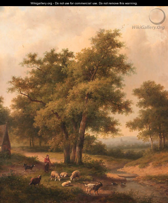 A shepherd and his flock in a wooded landscape - Jan Evert Morel