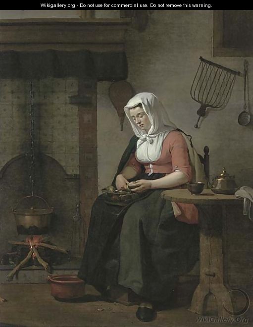 A woman seated in a kitchen peeling apples - Jan the Younger Ekels