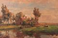 A sunlit farmyard along a canal - Jan Hillebrand Wijsmuller