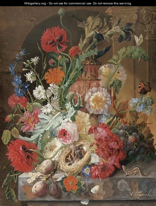 Irises, peonies, roses, and other flowers surrounding a terracotta urn, with a birds