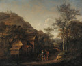 A wooded landscape with peasants on a path by a watermill, a hill beyond - Jan Steen