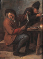 A boor seated at a table in an inn, displaying a herring - Jan Steen
