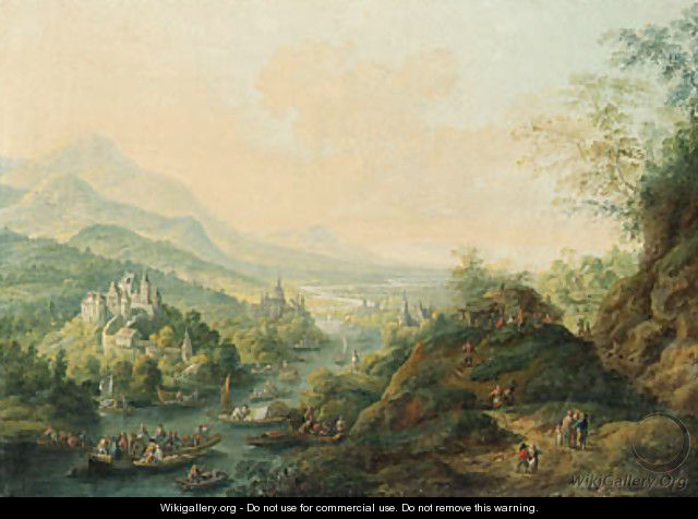 An extensive Rhenish landscape with castles along a river and peasants boating - Jan Griffier
