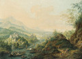 An extensive Rhenish landscape with castles along a river and peasants boating - Jan Griffier