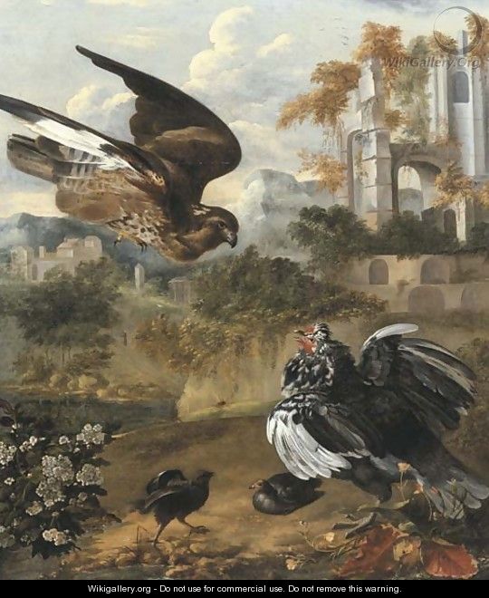 A hen protecting her chickens from a hawk, by a ruin - Jan Griffier