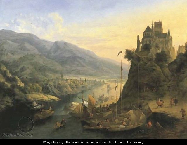A Rhenish river landscape with a city below and a monastery on a hill - Jan Griffier