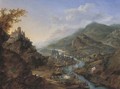 A Rhenish landscape with travellers and figures on moored boats near a castle on a hill, a town beyond - Jan Griffier