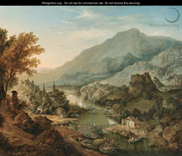 A Rhenish landscape with peasants and boats in the foreground, a town beyond - Jan Griffier