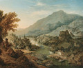 A Rhenish landscape with peasants and boats in the foreground, a town beyond - Jan Griffier