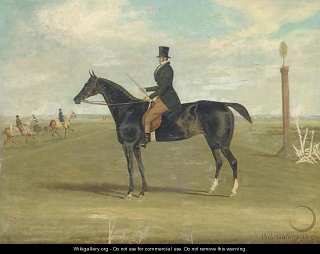 A black racehorse with a trainer up, with horses being exercised beyond - James Pollard