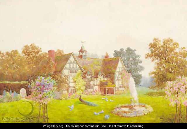 A country house with a peacock and doves on the lawn - James Matthews