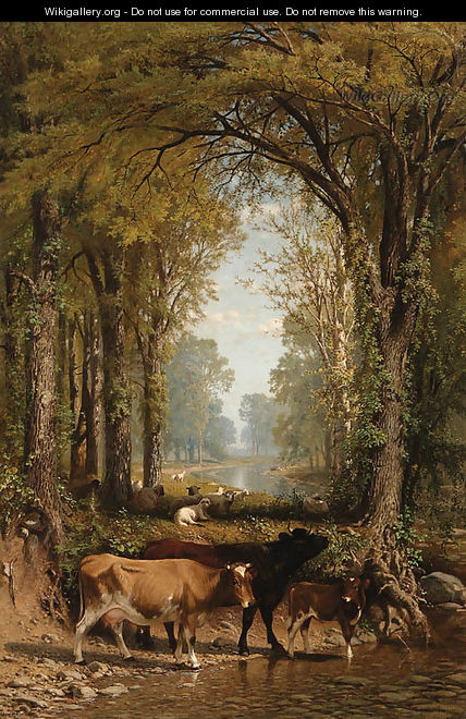 Cows and Sheep by a Stream - James McDougal Hart