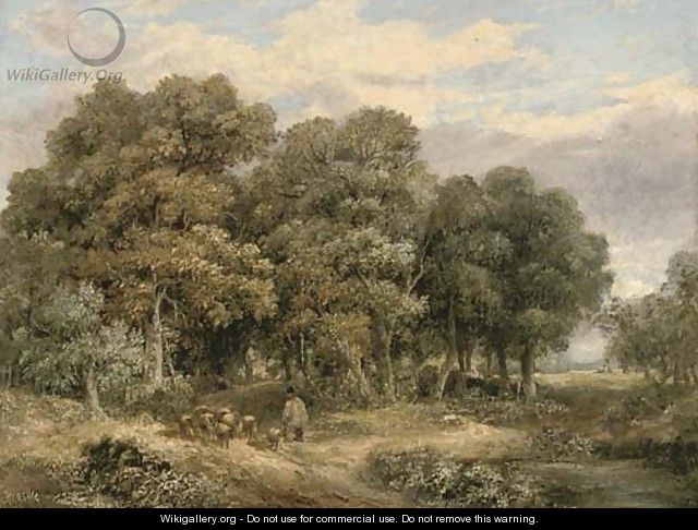 A drover and his flock in a wooded landscape - James Stark