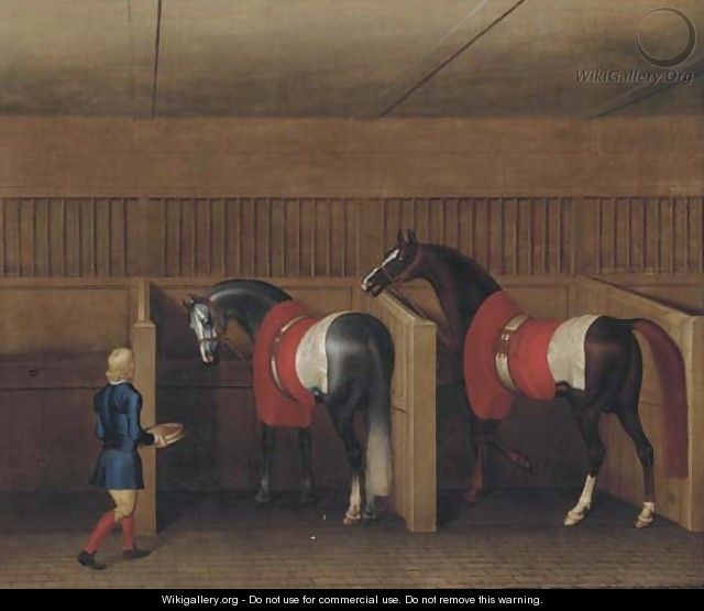 Two racehorses with a groom in a stable - James Seymour