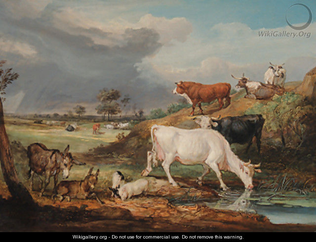 Cattle, donkeys and pigs by a pool 2 - James Ward