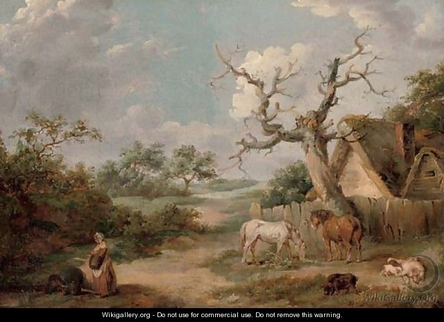A wooded landscape with figures in the foreground and horses and pigs by a cottage - James Ward