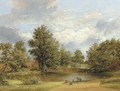 Parkland landscape with a gardener by a pond - James Stark