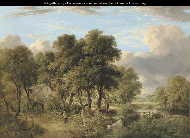 On the Yare a wooded river landscape with cattle, a figure and a cottage - James Stark