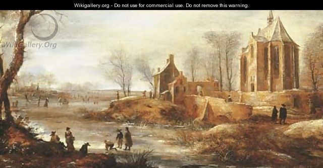 A winter landscape with figures skating on a frozen river by a church - Jan Abrahamsz. Beerstraten
