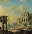 A capriccio of an Italianate harbour capriccio with the Arch of Constantine and a church with figures, shipping beyond - Jan Abrahamsz. Beerstraten