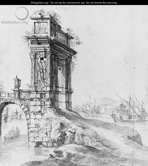 A Bridge with a classical Arch by a Mediterranean Harbour with Shipping beyond - Jan Abrahamsz. Beerstraten