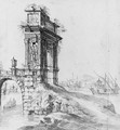A Bridge with a classical Arch by a Mediterranean Harbour with Shipping beyond - Jan Abrahamsz. Beerstraten