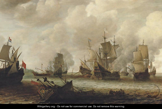 A naval battle between Dutch and Spanish men o