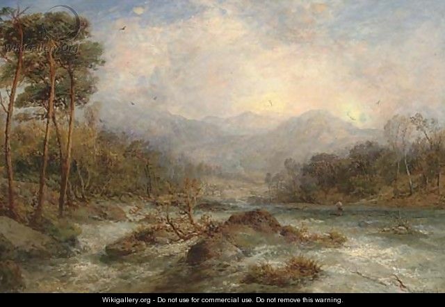 An angler on a river in full spate - James Webb