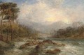 An angler on a river in full spate - James Webb