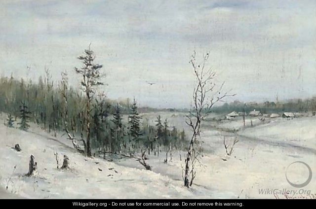 Winter woodland before a hamlet - Russian School