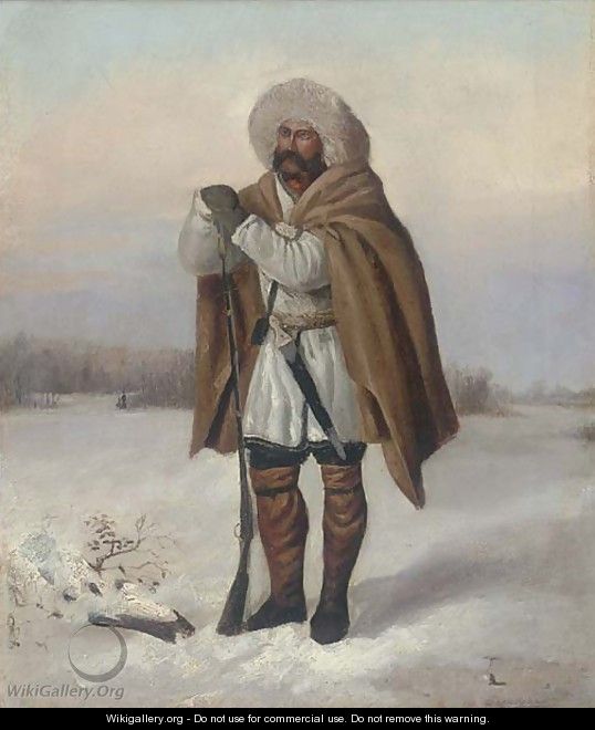 A huntsman in the snow - Russian School