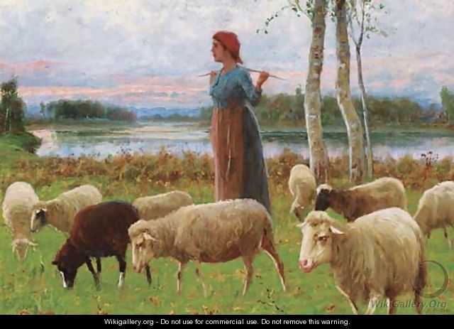 A shepherdess amongst her flock at dusk - Ruggero Panerai