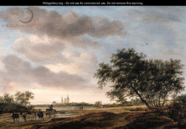 An extensive landscape with a drover and cattle on a path, Egmond Abbey beyond - Salomon van Ruysdael