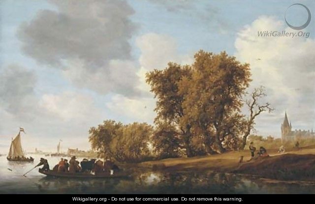 A wooded river landscape with figures on a bank awaiting the approach of a ferry - Salomon van Ruysdael