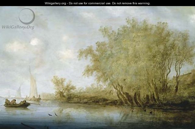 A wooded river landscape with duck hunters in the foreground and sailing boats beyond - Salomon van Ruysdael