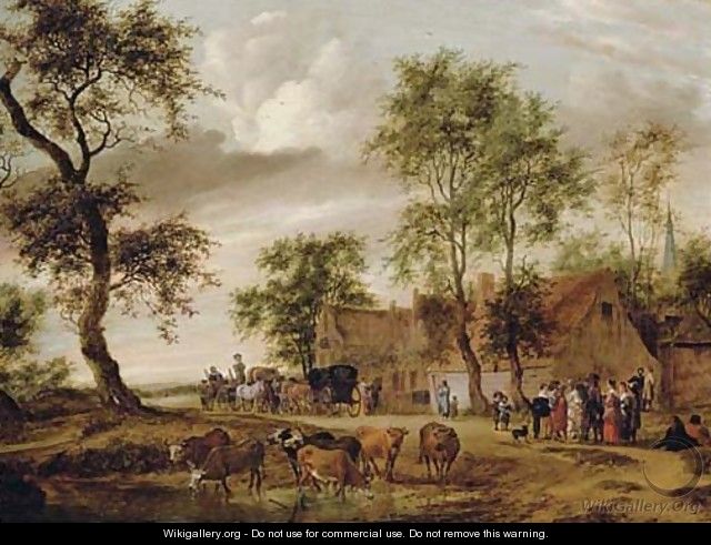 A village landscape with carriages outside an inn, peasants conversing on a path and cattle watering - Salomon van Ruysdael