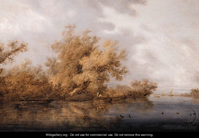 A calm A wooded river landscape with fishermen and sportsmen in rowing boats, sailing ships beyond - Salomon van Ruysdael
