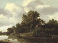 A wooded river landscape with a peasant crossing a bridge and fishermen in a boat, cottages nearby - Salomon Rombouts