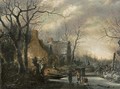 A winter landscape with peasants playing kolf on a frozen river - Salomon Rombouts
