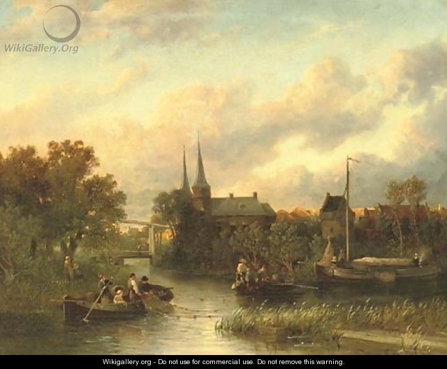 Fishing by a riverside town - Salomon Leonardus Verveer