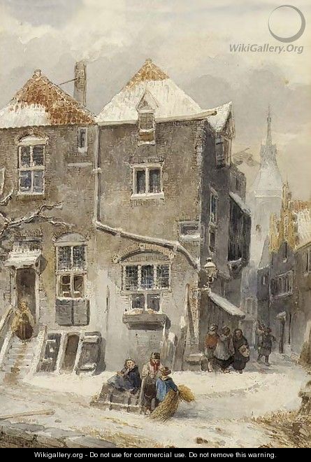 A view of a snow-covered town - Salomon Leonardus Verveer
