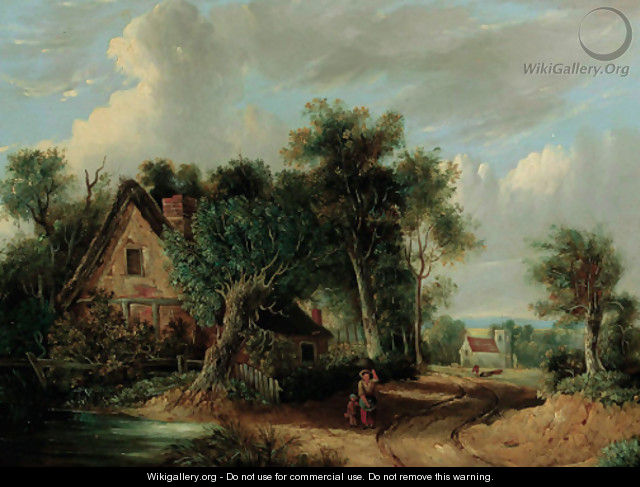 A wooded river landscape with figures before a cottage - Samuel David Colkett